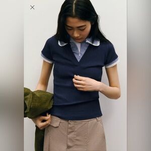 Zara Top Women’s Large Blue Ribbed Shirt with Peter Pan Collar Academia Style